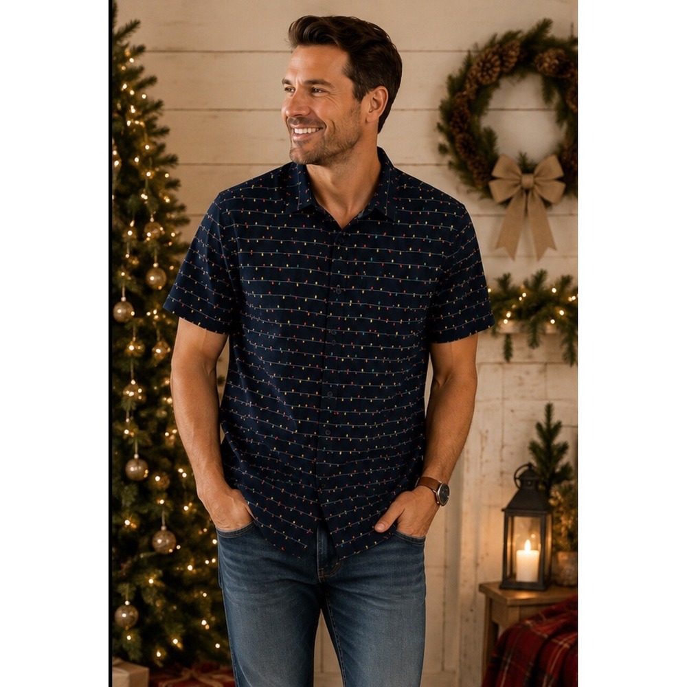 Original Penguin Mens Blue Christmas Holiday Lights Cotton Button Shirt Sz L NEW